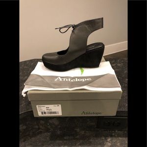 Antelope Black Leather Mary Jane with Suede Wedge